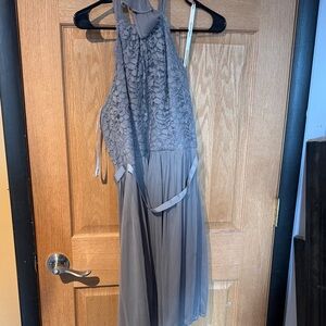David's Bridal Lace Bodice Chiffon Midi Dress in Gray